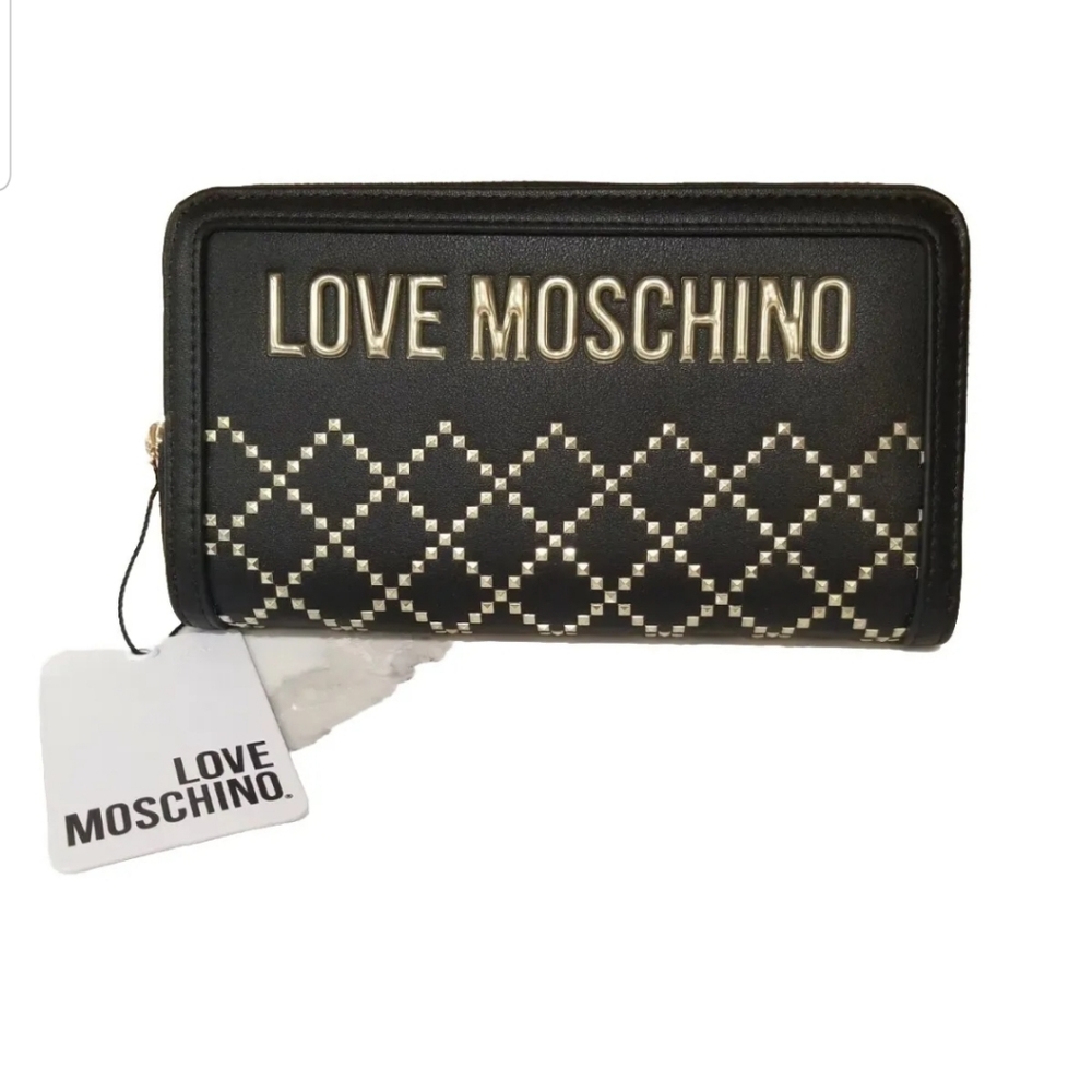 NWT ❤ LOVE MOSCHINO ❤ Black Italian Studded Zip Around Wallet clutch